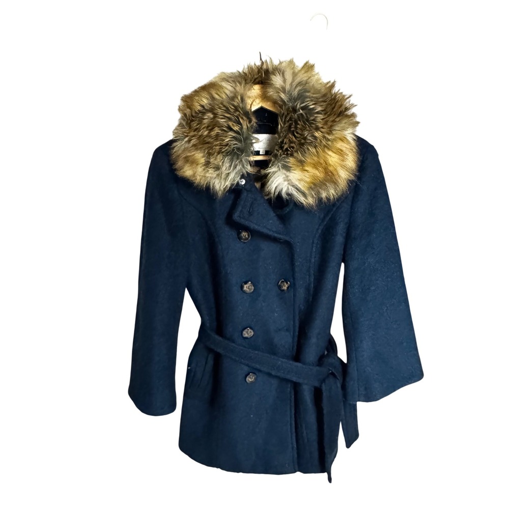Laundry by Shelli Segal Navy Blue Wool Blend Pea Coat Faux Fur Collar‎ Size 10